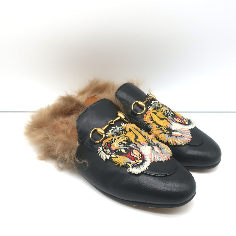 Gucci Fur Princetown Mules Black Leather Size 37 – Celebrity