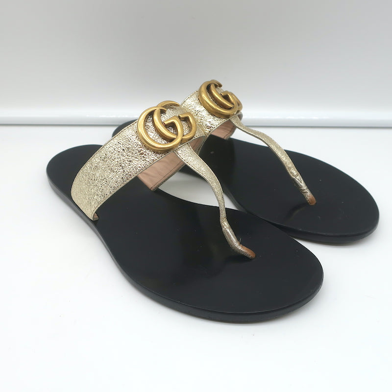 Gucci GG Marmont Thong Sandals Gold Metallic Leather Size 36 T-Strap F –  Celebrity Owned