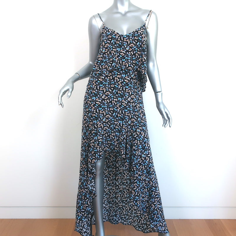 Image of Intermix Ruffled High-Low Dress Layla Navy Leaf Print Silk Size Small