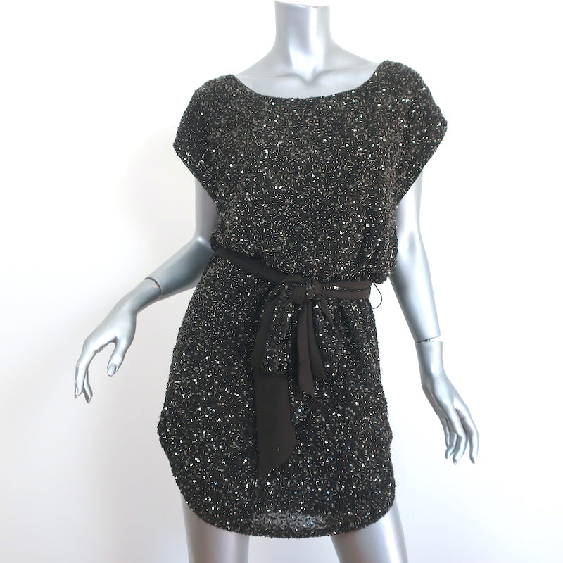 image of Haute Hippie Beaded Tie-Waist Mini Dress Charcoal Chiffon Size Extra Small