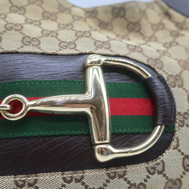 Gucci Hasler Horsebit Hobo GG Monogram Canvas & Brown Leather