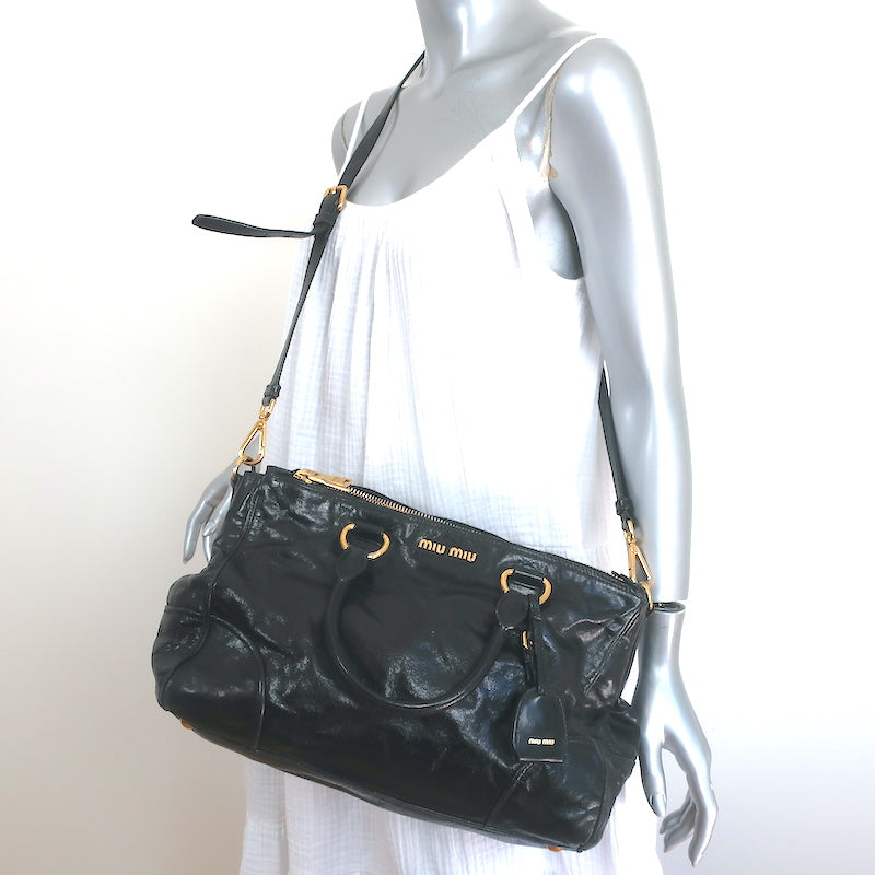 Miu Miu Double Zip Tote Black Vitello Shine Leather Medium Crossbody Bag