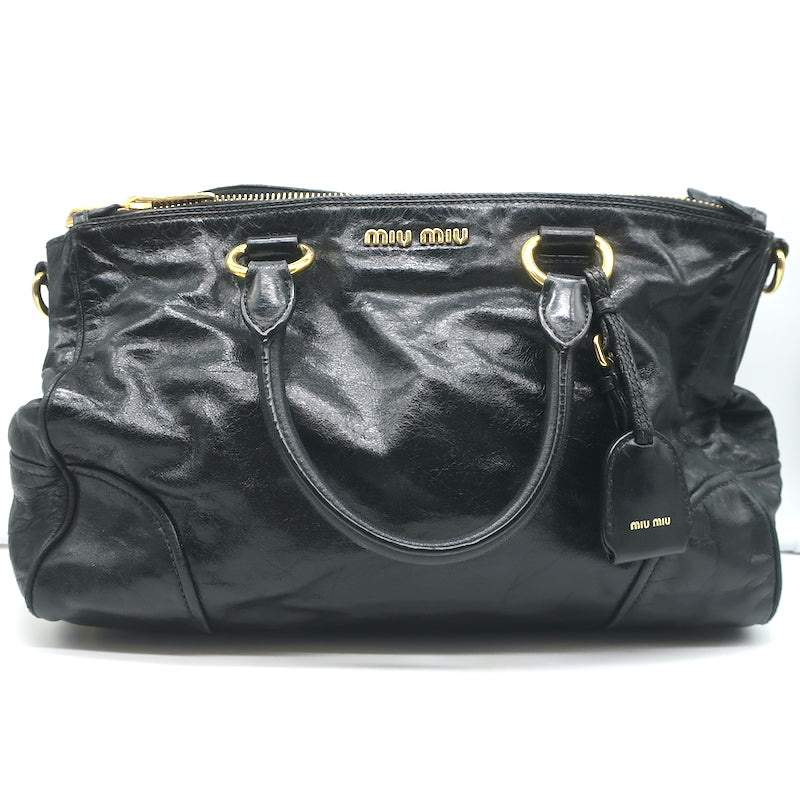 Miu Miu Double Zip Tote Black Vitello Shine Leather Medium Crossbody Bag