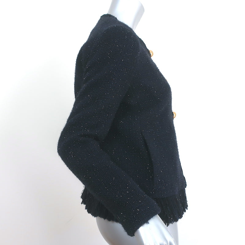 Sandro Fringed Metallic Tweed Jacket Navy Wool-Blend Size 36
