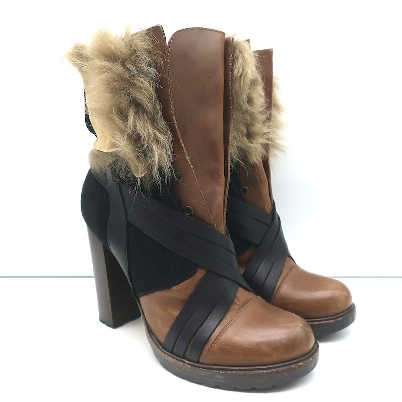 Image of Vanessa Bruno Faux Fur Trim Boots Brown Leather & Black Suede Size 41