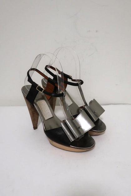 Lanvin Bow T-Strap Sandals Silver & Black Leather Size 37 Wood Platform Heel