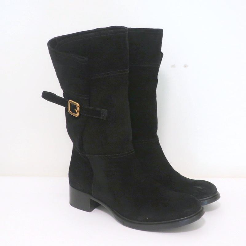 Prada Boots Black Buckled Suede Size  Low Heel Mid-Calf – Celebrity  Owned
