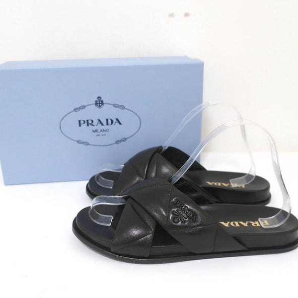 Prada Quilted Crisscross Flat Slide Sandals Black Leather Size 38 –  Celebrity Owned