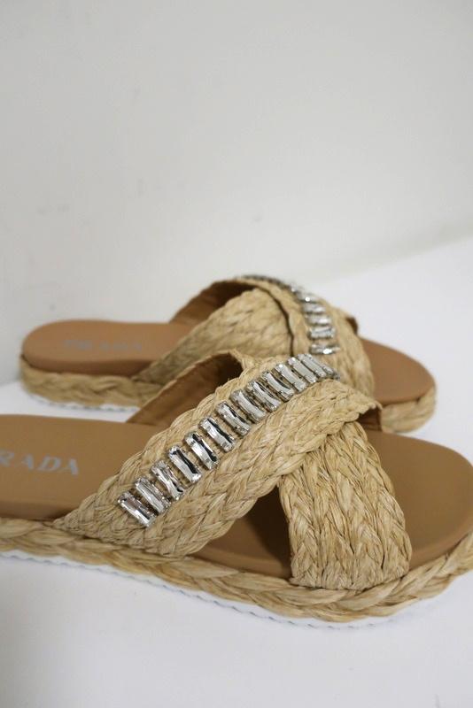 Prada Slide Sandals Crystal-Embellished Braided Raffia Size 39 NEW –  Celebrity Owned