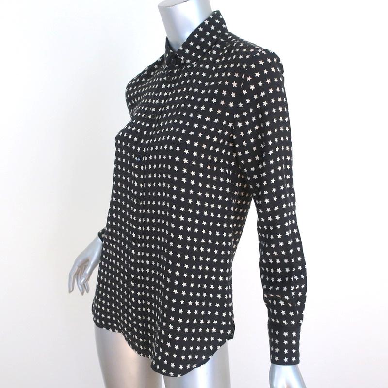 Saint Laurent Button Down Blouse Black Star Print Silk Size 36