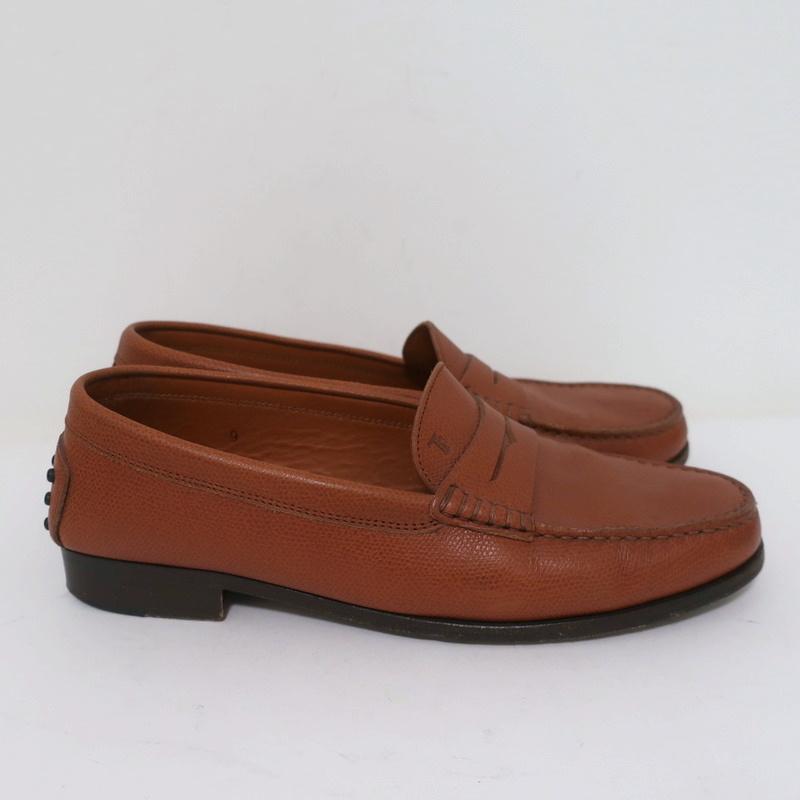 Tod's Penny Loafers Brown Grained Leather Size 9 Slip-On Flats