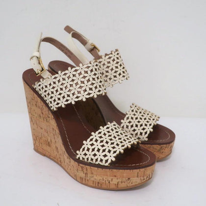 Tory Burch Cork Platform Wedge Sandals Cream Daisy Cutout Leather Size –  Celebrity Owned