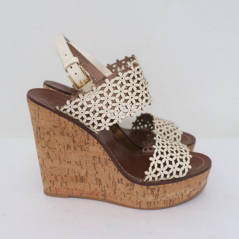 Tory Burch Cork Platform Wedge Sandals Cream Daisy Cutout Leather Size –  Celebrity Owned