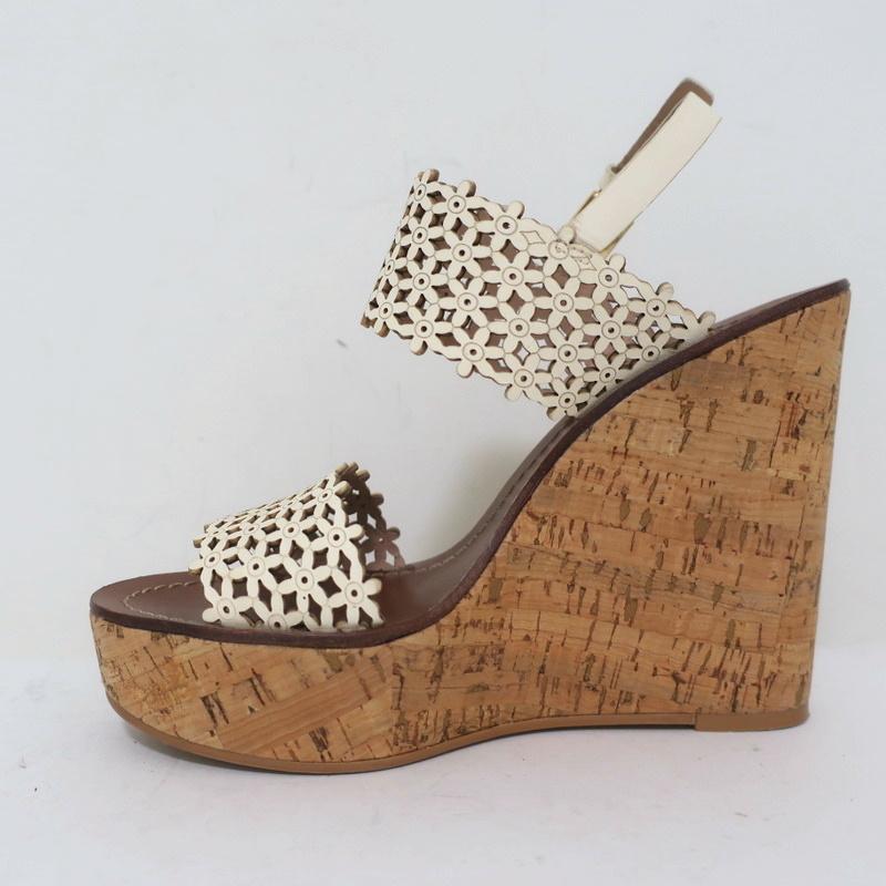 Tory Burch Cork Platform Wedge Sandals Cream Daisy Cutout Leather Size –  Celebrity Owned