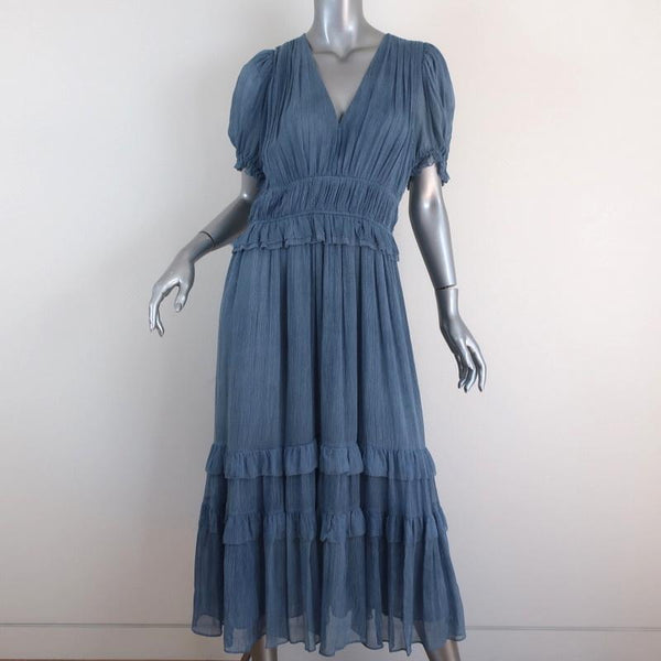 Ulla Johnson Midi Dress Elodie Blue Crinkled Chiffon Size 10 Short Sle ...