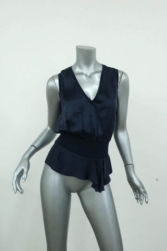 Yves Saint Laurent Blouson Top Navy Silk Size 34 Sleeveless V-Neck