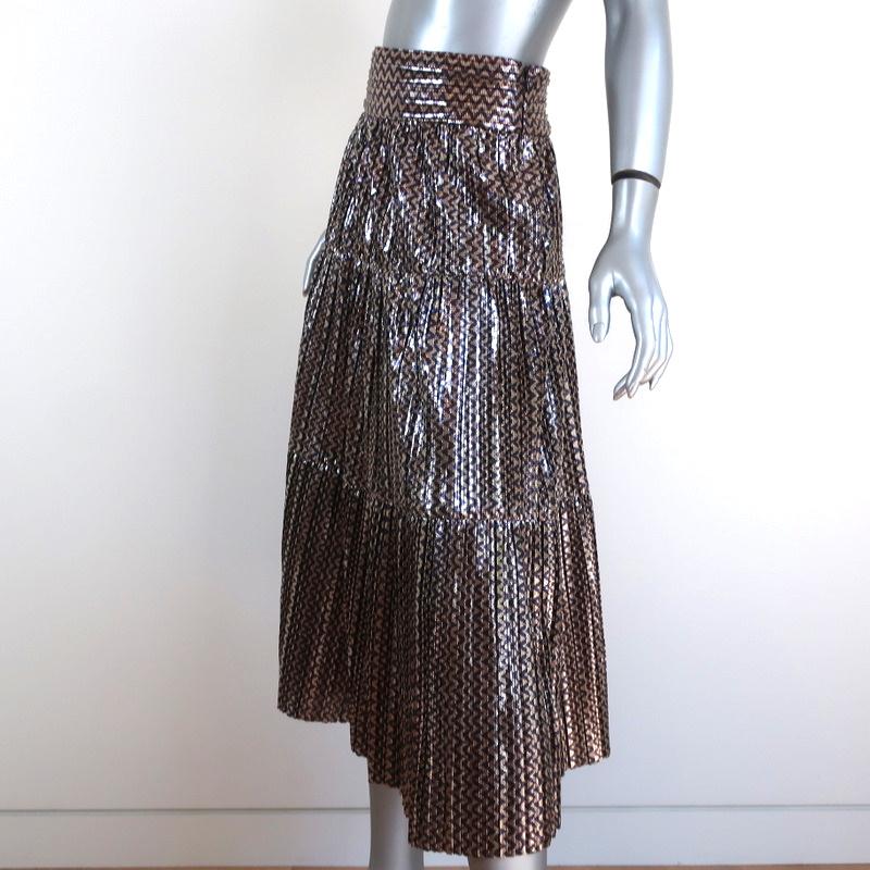 Ba&Sh Tiered Midi Skirt Gold Poly Pleated Metallic Chevron Print Size Small New