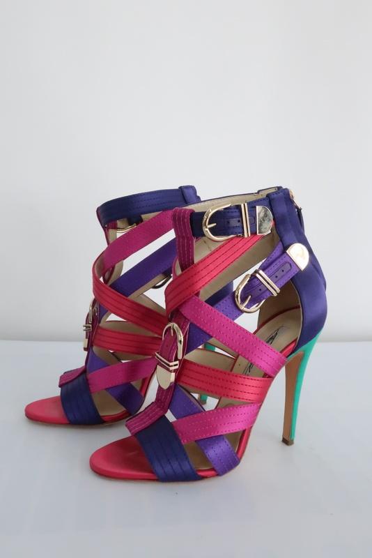 Brian Atwood Encanta Sandals Multicolor Buckled Satin Size 37 High Hee –  Celebrity Owned