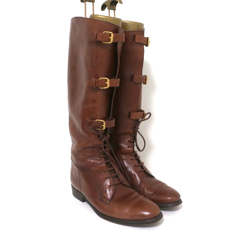 Burberry Buckle-Front Riding Boots Brown Leather Size 38 Knee High Fla –  Celebrity Owned