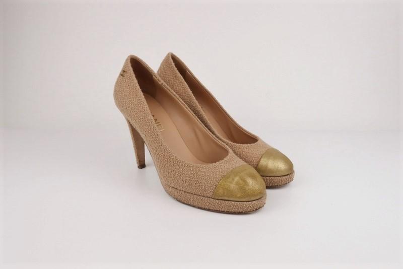 New Chanel Nude Beige Gold Leather Cap Toe Laced Pump Heels Pumps