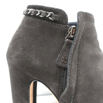 Chanel Chain-Trim Ankle Boots Dark Gray Glitter Suede Size 37