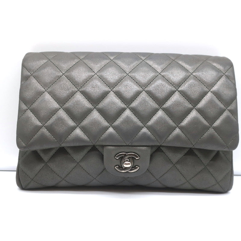 Chanel 14B CC Clutch with Chain Grey Metallic Quilted Leather Medium Flap  Bag