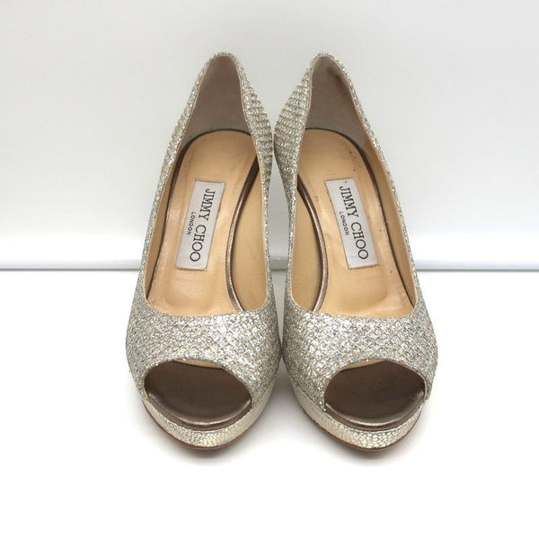 Jimmy Choo Luna 100 Champagne Glitter Fabric Peep Toe Platform