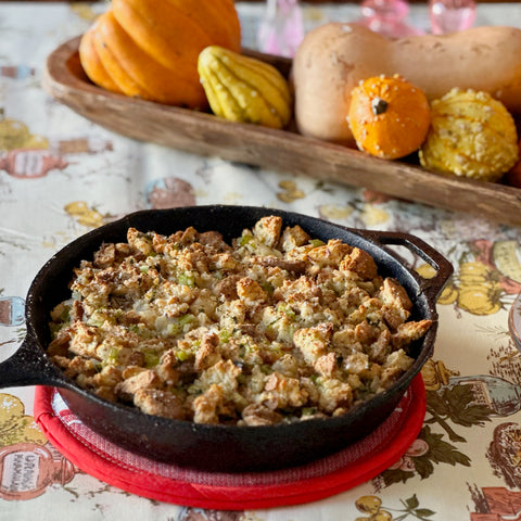 Biscuit Dressing on Thanksgiving Table with Gourds