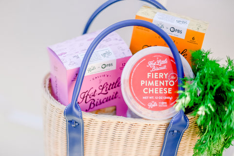 Easter basket filled with Callie's country ham biscuits, cheese crisps and fiery pimento cheese