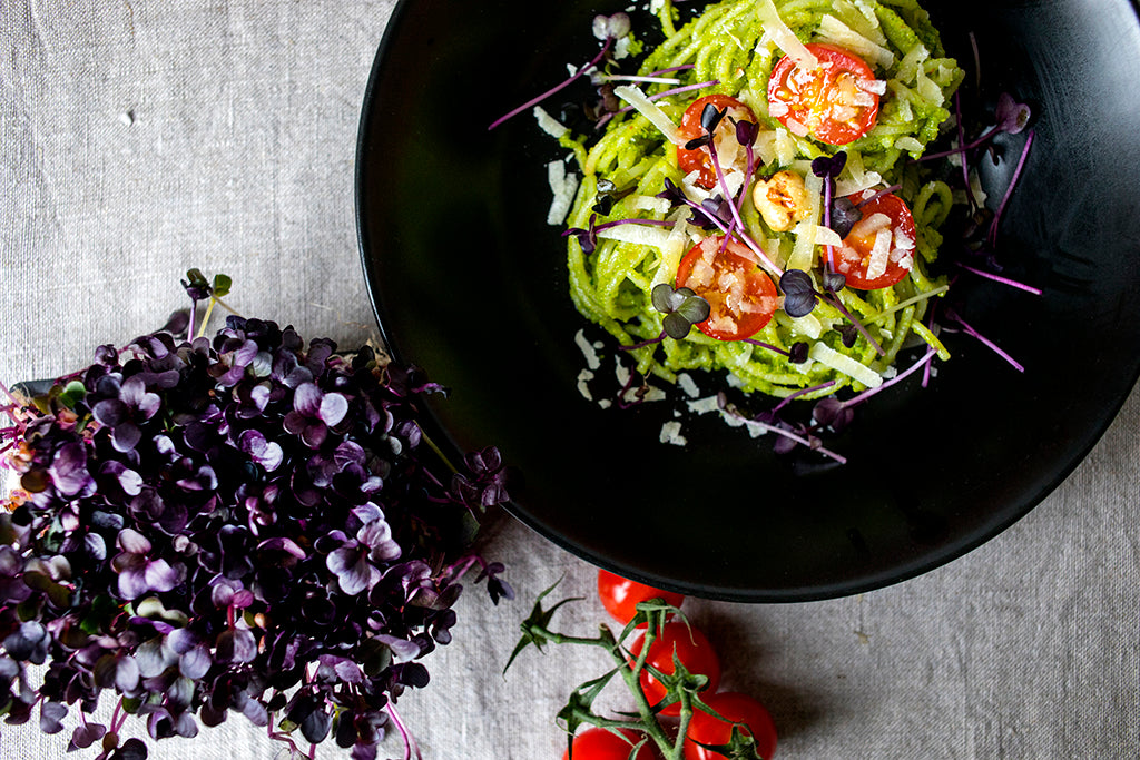 Pasta with pesto and decoration