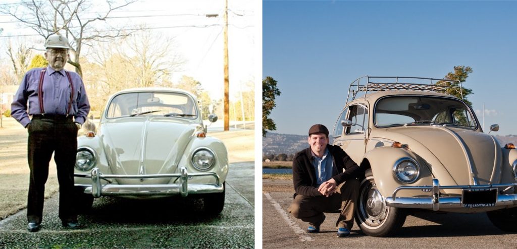 Frank R. Shoemaker Sr. (L) and his grandson, Eric Shoemaker (R), pose with the family Beetle. Frank passed away in 2019, but his grandson Eric carries on his legacy through his business and his family’s love for the Beetle.