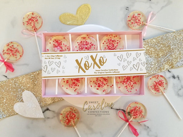 NEW! Valentine's Day Gift Box - Multicolored Hearts in XoXo Box - 6 Lollipop Set - Sweet Caroline Confections | The Original Sparkle Lollipops