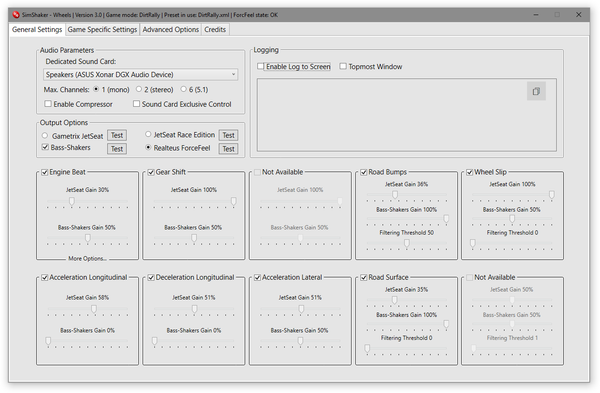 SimShaker software dashboard