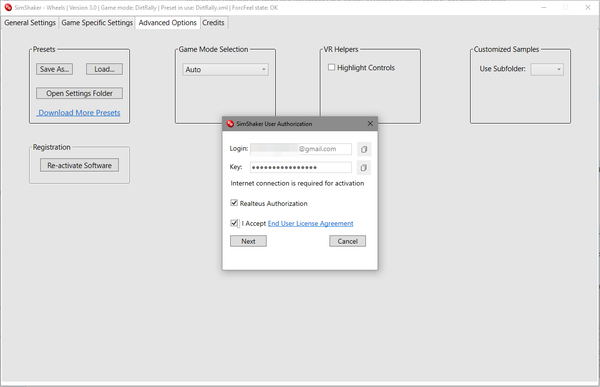SimShaker software activation