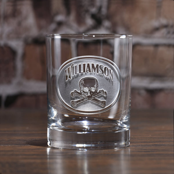 Personalized Laser-Etched Beer Mug or Glass w/ Skull and Bones Graphic