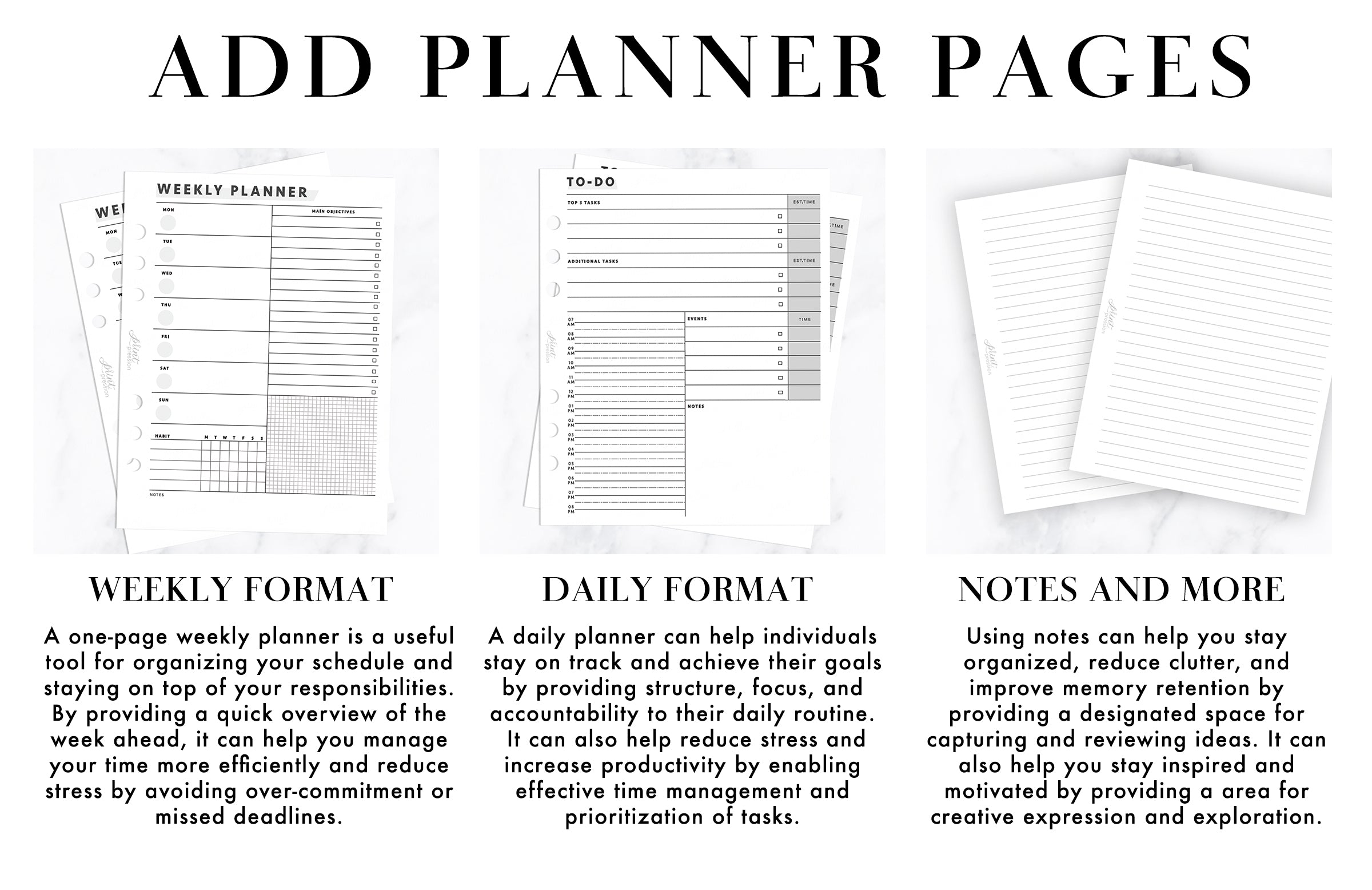 ADD PLANNER PAGES, A one-page weekly planner is a useful tool for organizing your schedule and staying on top of your responsibilities. By providing a quick overview of the week ahead, it can help you manage your time more efficiently and reduce stress by avoiding over-commitment or missed deadlines.