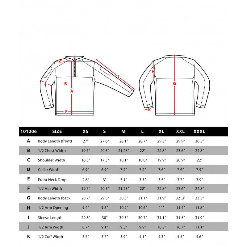 Condor Long Sleeve Trident Battle Top Sizing Chart