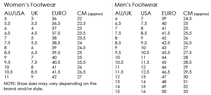 reebok shoe size chart women's