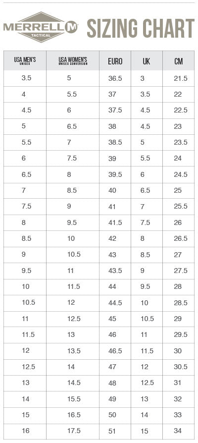 Merrell Tactical Footwear Sizing Chart | Gear Australia by G8
