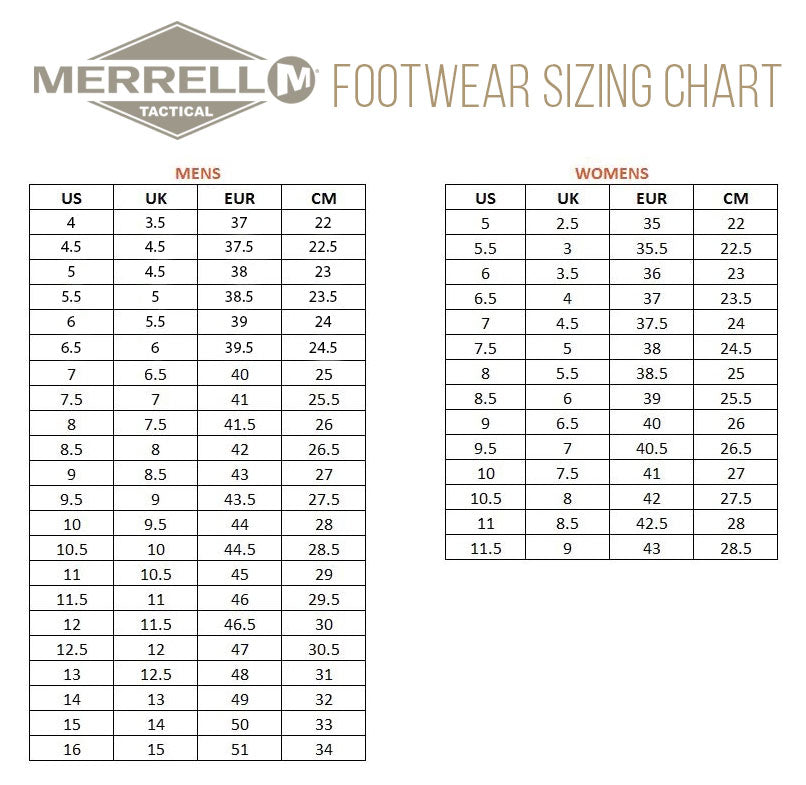 Merrell Tactical Footwear Sizing Information Guide - Tactical Gear