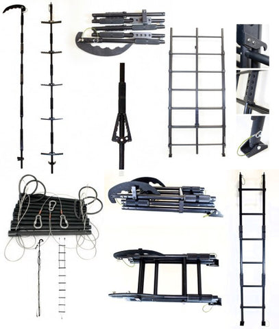 Solid breaching ladders Collapsible breaching ladders Folding rung ladders Cable ladders Pole ladders Quick fold-out ladders Ladders for aircraft use