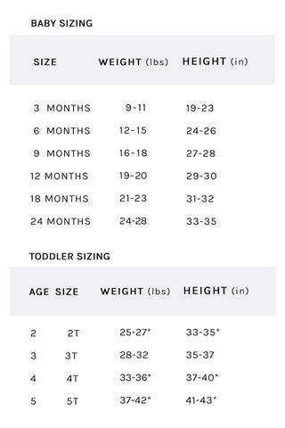 Baby Clothes Sizing Chart | Bitsy Bug Boutique