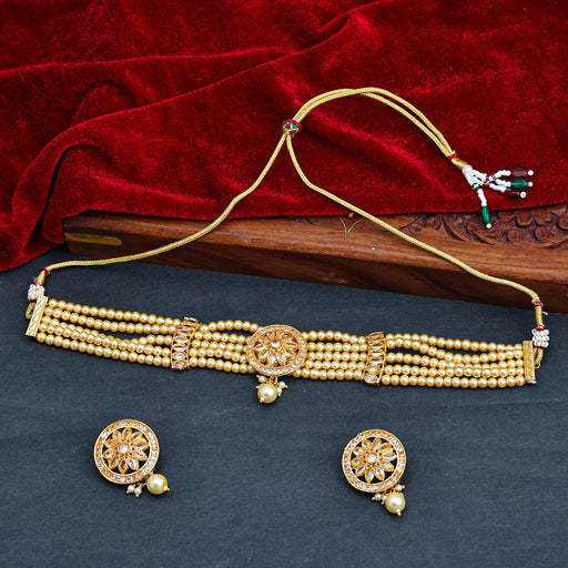 Sukkhi Golden Gold Plated Kundan & Pearl Choker Necklace Set For Women