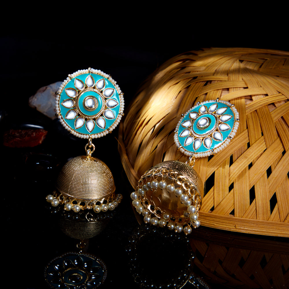 Sukkhi Resplendent Kundan Gold Plated Meenakari Pearl Jumki Earring Set for Women