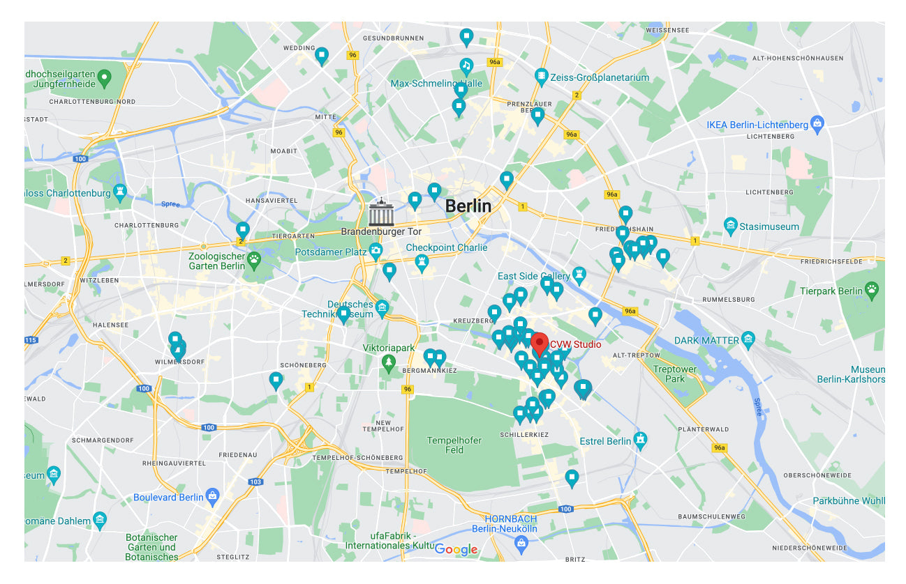 Google map of Berlin with pins from CVW Studio Maps
