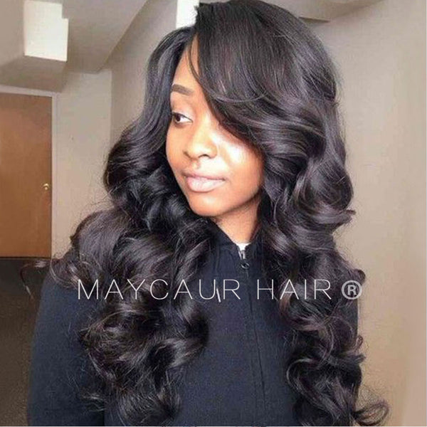 Glueless Black Long Wavy Wig With Side Bangs Synthetic Hair Wigs