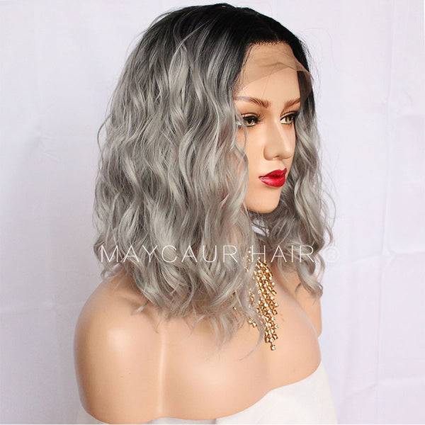 Gray Color Short Loose Curly Synthetic Lace Front Wigs Black