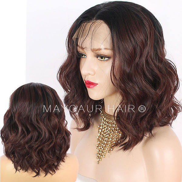 Black Brown 33 Ombre Color Short Wavy Wig With Baby Hair Synthetic Lace Front Wigs Bob Hair Maycaur
