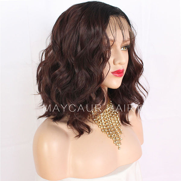 Black Brown 33 Ombre Color Short Wavy Wig With Baby Hair