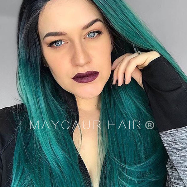 Ombre Green Glueless Synthetic Lace Front Wigs 2 Tone Black Roots